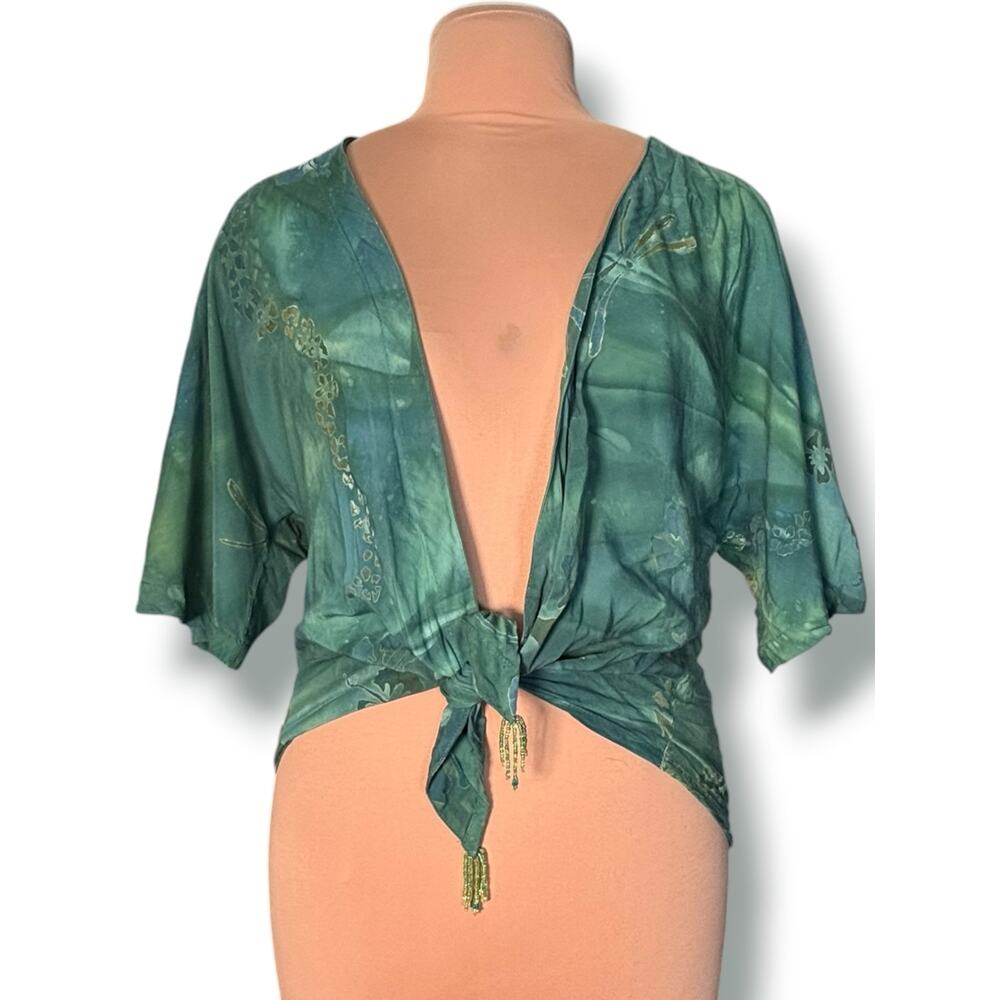 Vintage Bali Batik Rayon Tie Front Top One Green Boho Embellished Floral Resort